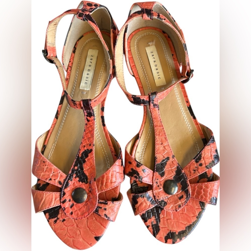 Zara Basic Women's Coral orange and Black snakeskin Strappy Sandals sz 37 Boho